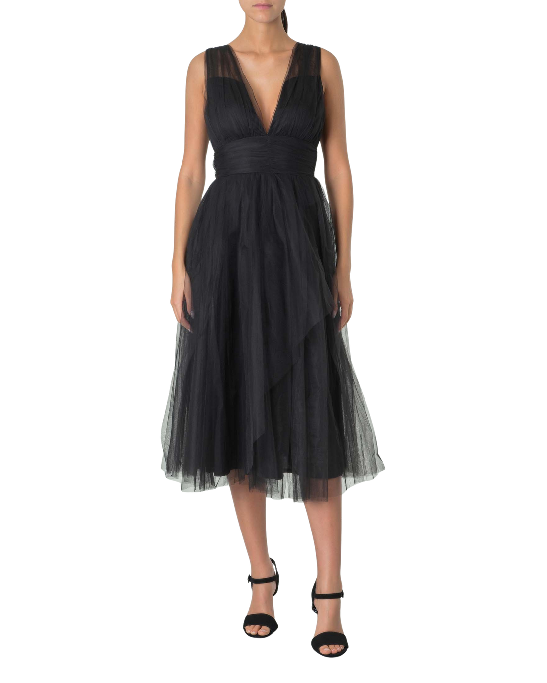 Roth Tulle Plunge Midi Gown - Black - Style Theory