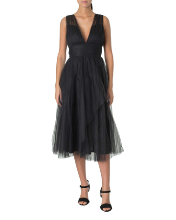 Roth Tulle Plunge Midi Gown - Black