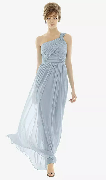 One-Shoulder Asymmetrical Draped Wrap Maxi Dress - Smoke Blue