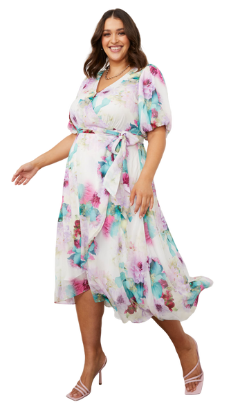 Puff Sleeve Wrap Midi Dress - Floral - Style Theory