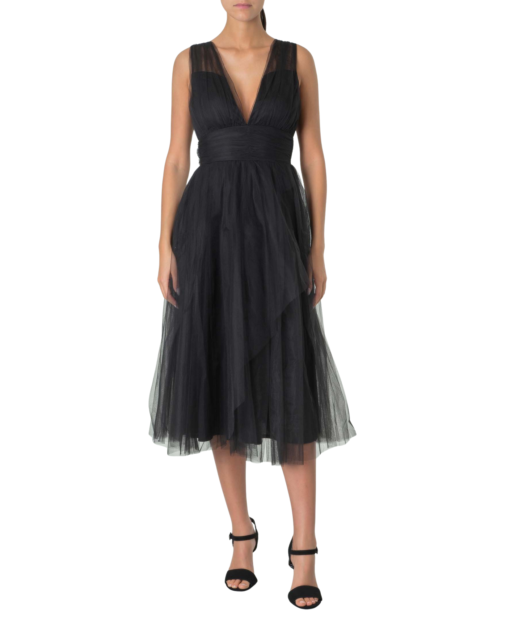 Roth Tulle Plunge Midi Gown - Black