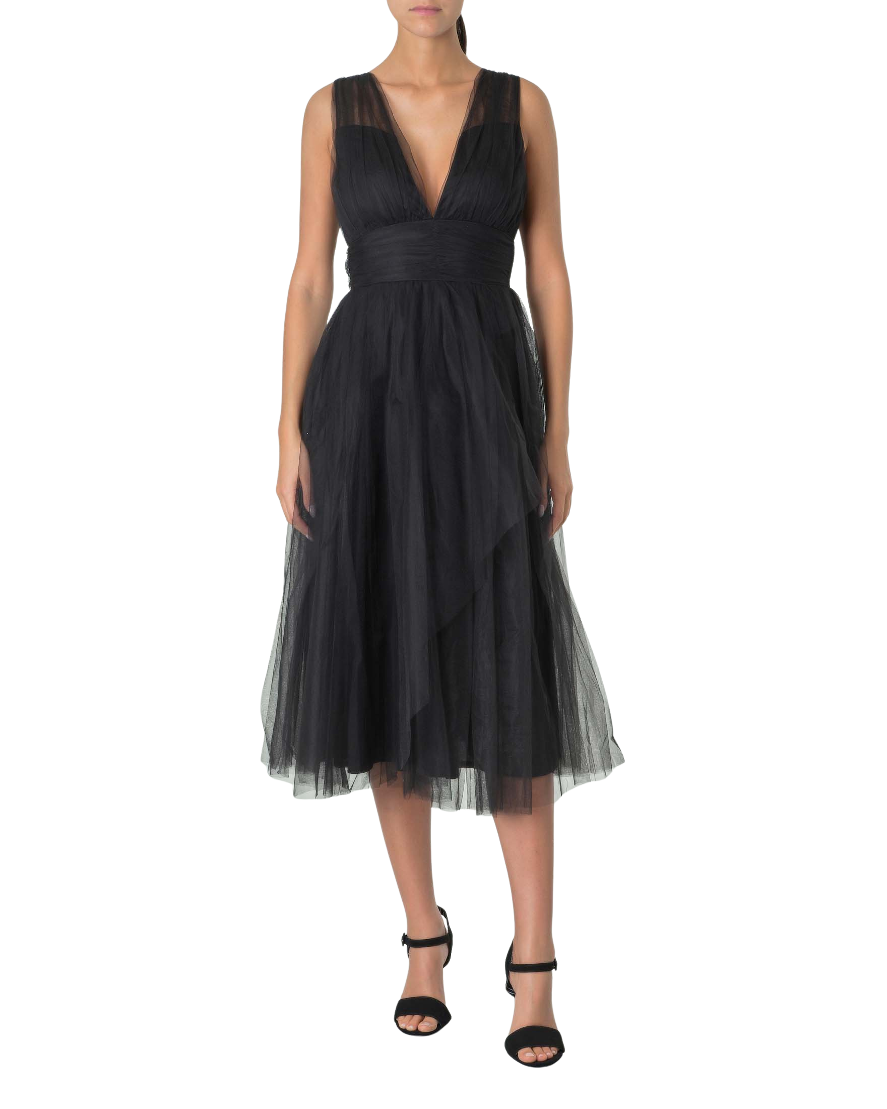 Roth Tulle Plunge Midi Gown - Black