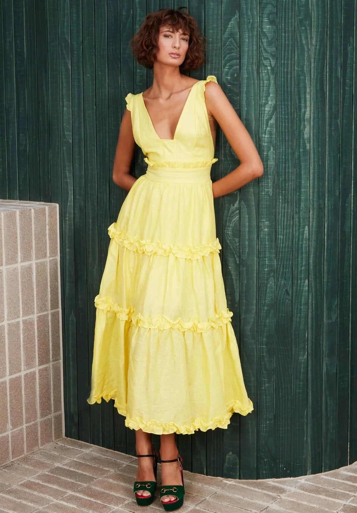 Linen Ruffle Dress - Lemon