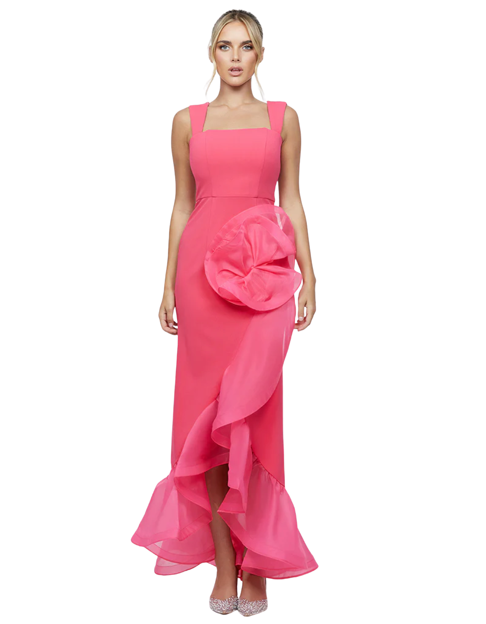 Alexis Ruffle Fishtail Hi Lo Gown - Fuchsia - Style Theory