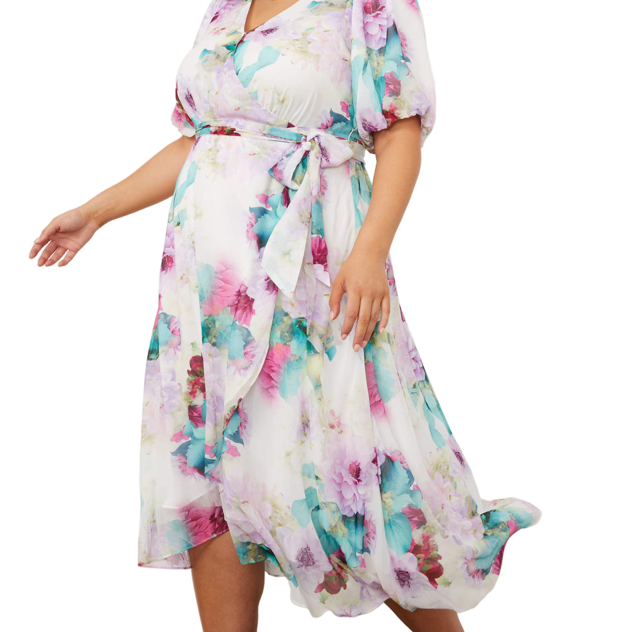 Puff Sleeve Wrap Midi Dress - Floral - Style Theory