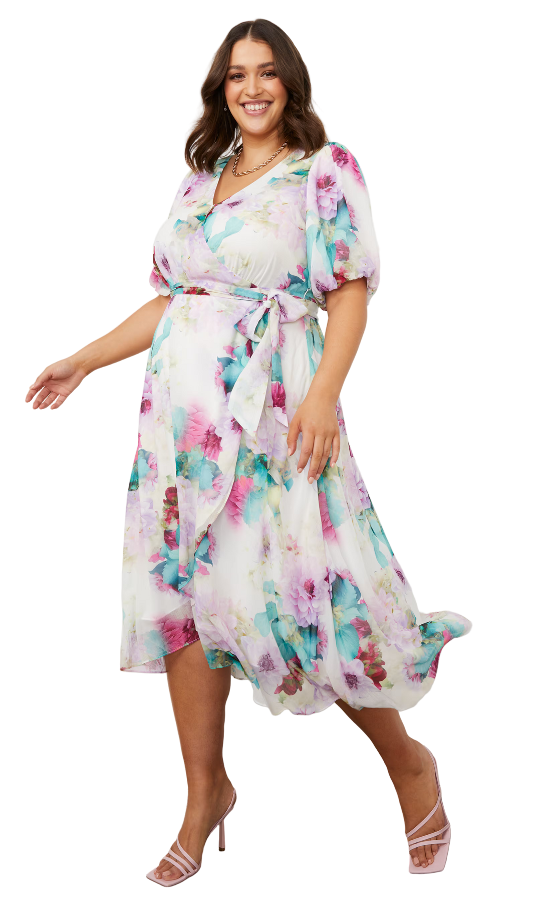 Puff Sleeve Wrap Midi Dress - Floral - Style Theory