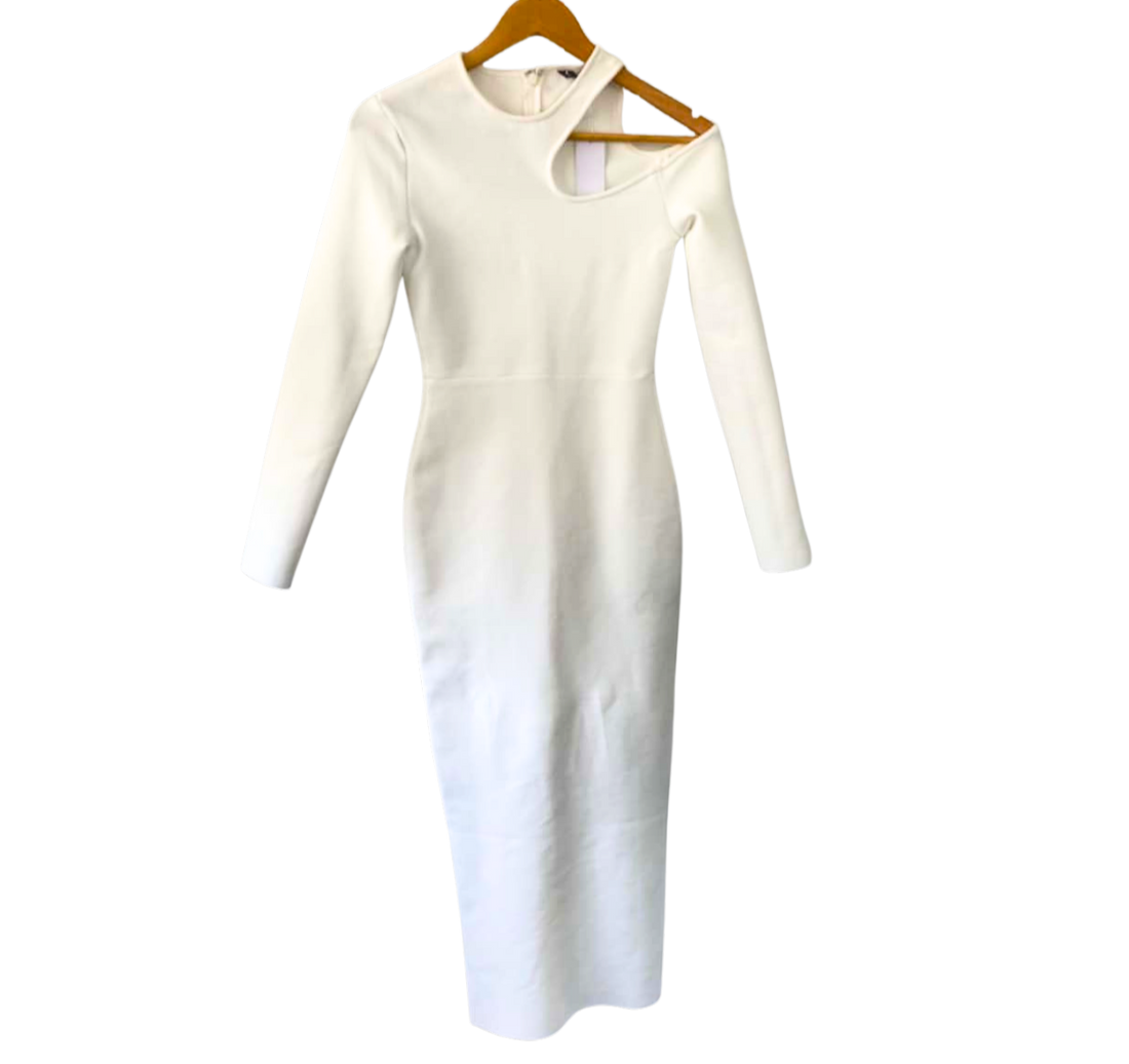 White Knit Long Sleeve Cut Out Bodycon Maxi Dress - Style Theory