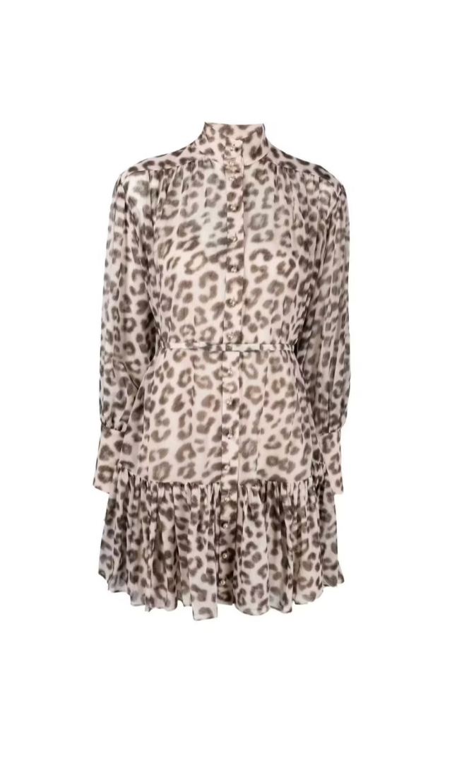Gathered Cotton and Silk Blend Mini Dress - Leopard Print - Style Theory