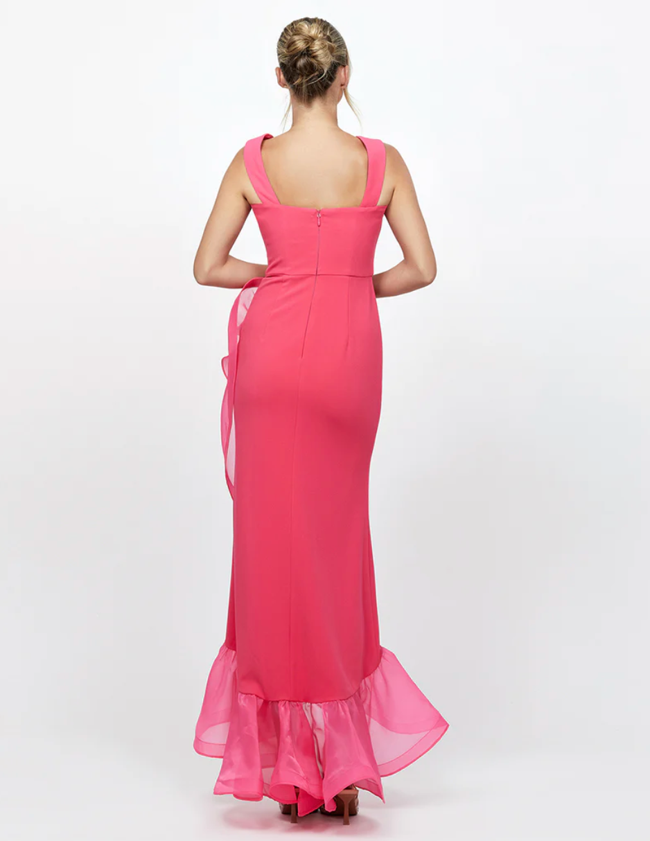 Alexis Ruffle Fishtail Hi Lo Gown - Fuchsia - Style Theory