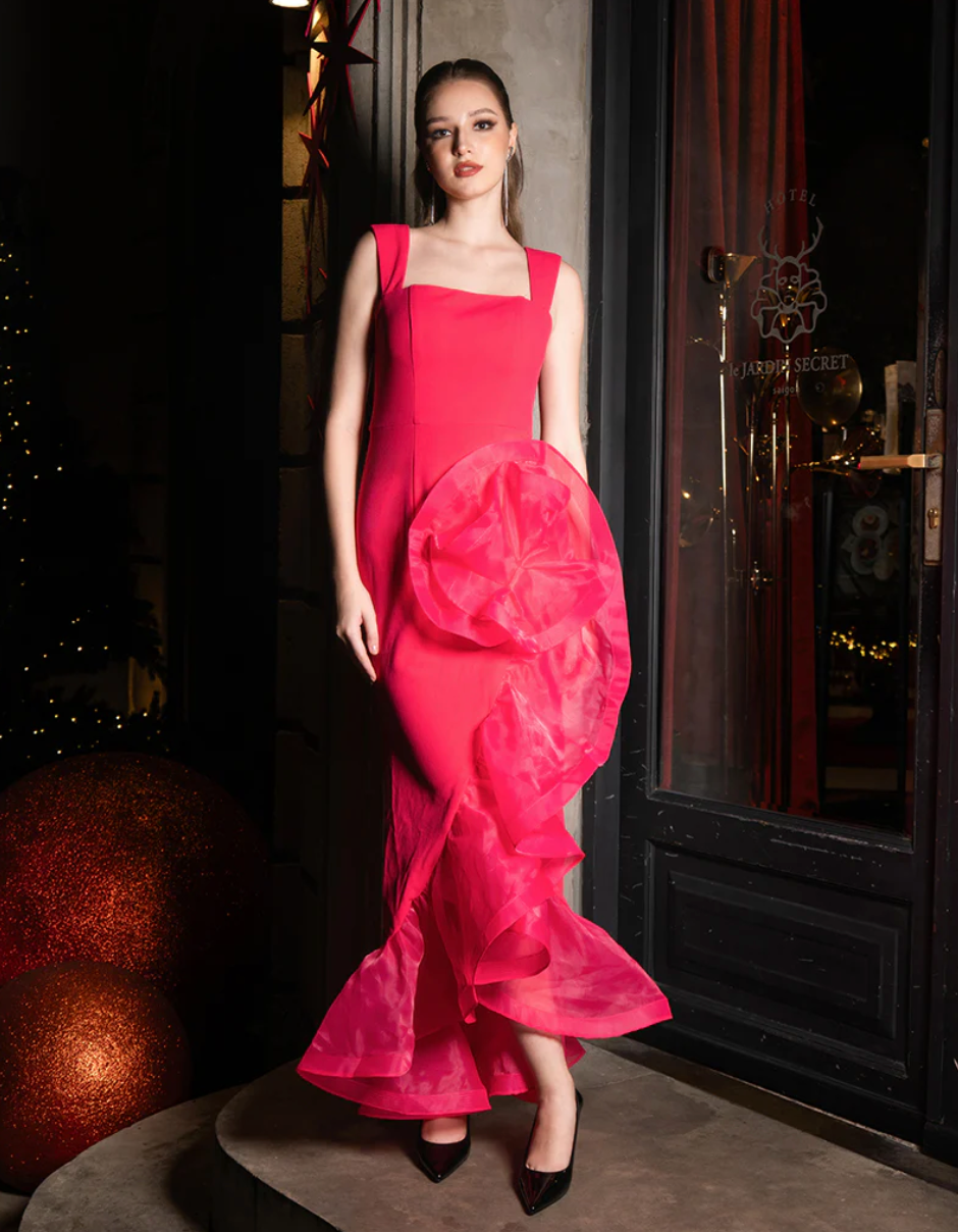 Alexis Ruffle Fishtail Hi Lo Gown - Fuchsia - Style Theory