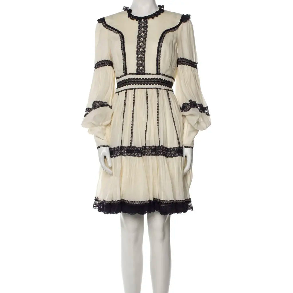 Rhythmic Embellished Lace Trimmed Rami Mini Dress - Ivory - Style Theory