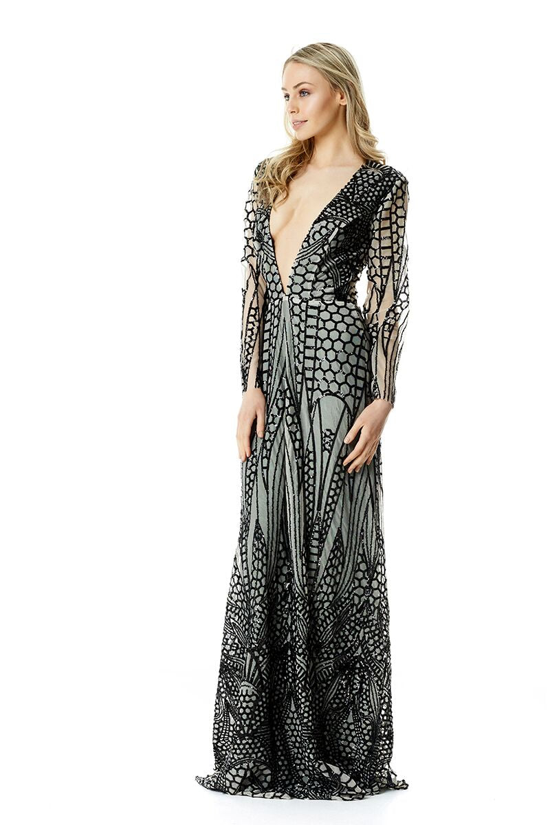 V Plunge Embellished Gown