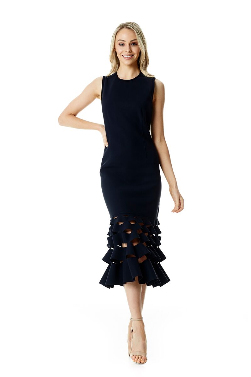 SLASH RUFFLE SHIFT DRESS - Navy