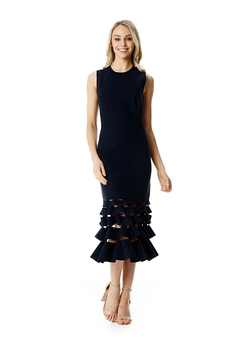 SLASH RUFFLE SHIFT DRESS - Navy